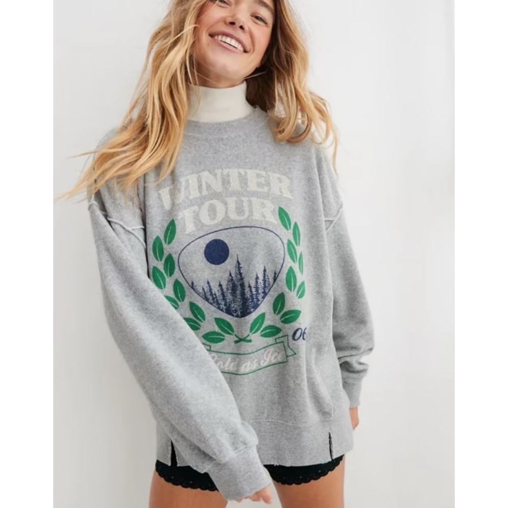 Aerie Winter Tour 2006 Graphic Sweatshirt Gray Oversized Distressed M NWT